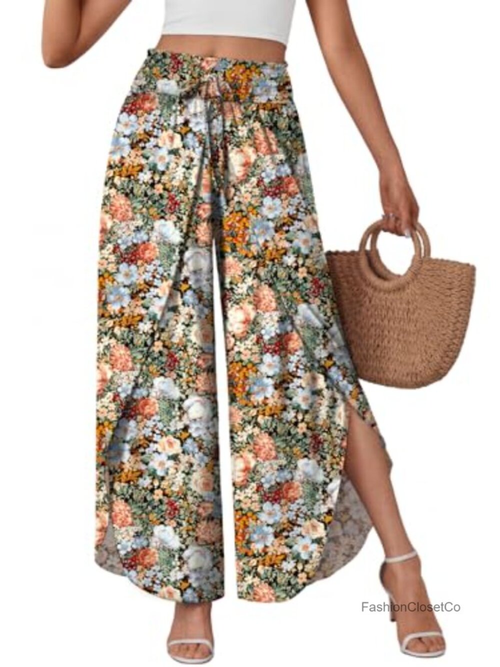 High Waisted Flowy Wide Leg Palazzo Pants Side Slits Breathable
